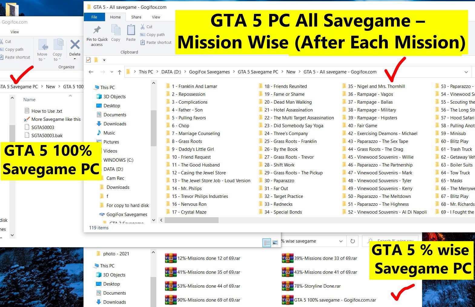 GTA 5 Savegame PC - 100% + Mission Wise (After Each Mission) + % Wise savegame - 12%,39%, 41%,43%, 53%,78%, 90%,100% etc