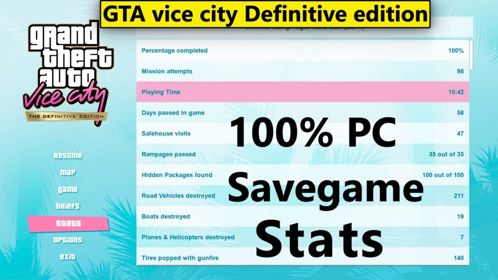 GTA vice city Definitive edition 100% PC Savegame stats