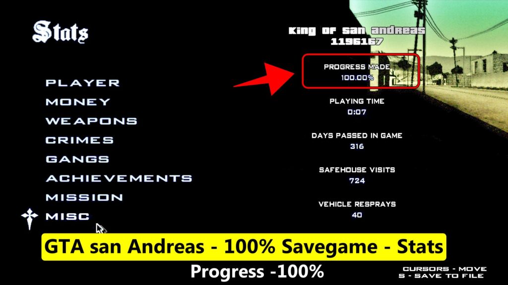 GTA San Andreas Savegame PC - 100% - Progress - Stats