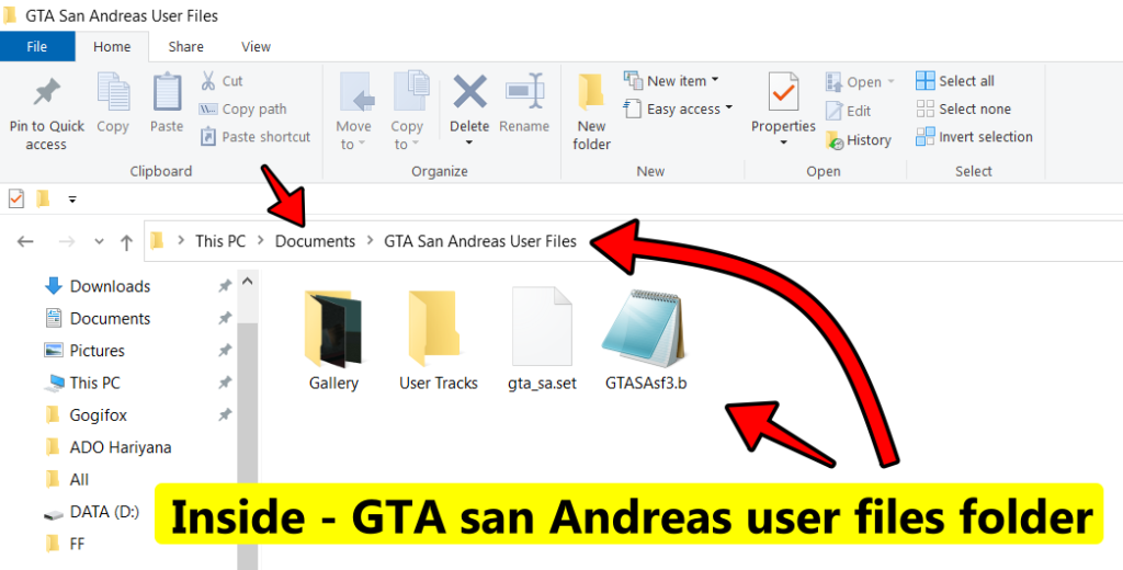 Inside GTA san andreas user files folder