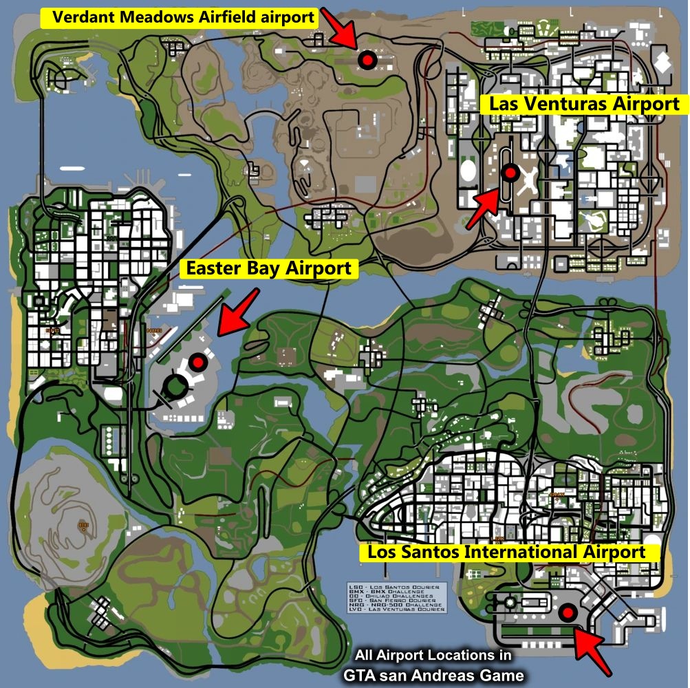 all airport locations on the map of  GTA san Andreas Game